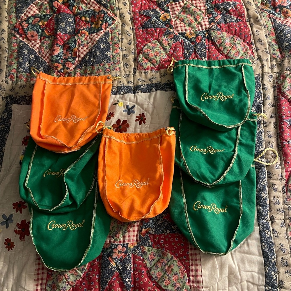 Crown Royal Green and Orange Drawstring Bags set of 7